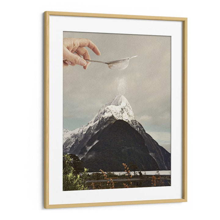 SIFTED SUMMIT M P, SURREAL ART PRINTS features a unique mountain scene art piece by Vertigo Artography in an oak frame.