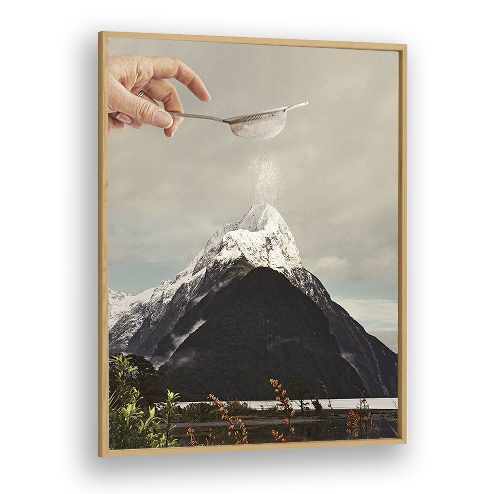 SIFTED SUMMIT M P, SURREAL ART PRINTS showcases a whimsical mountain scene by Vertigo Artography in a wooden frame.