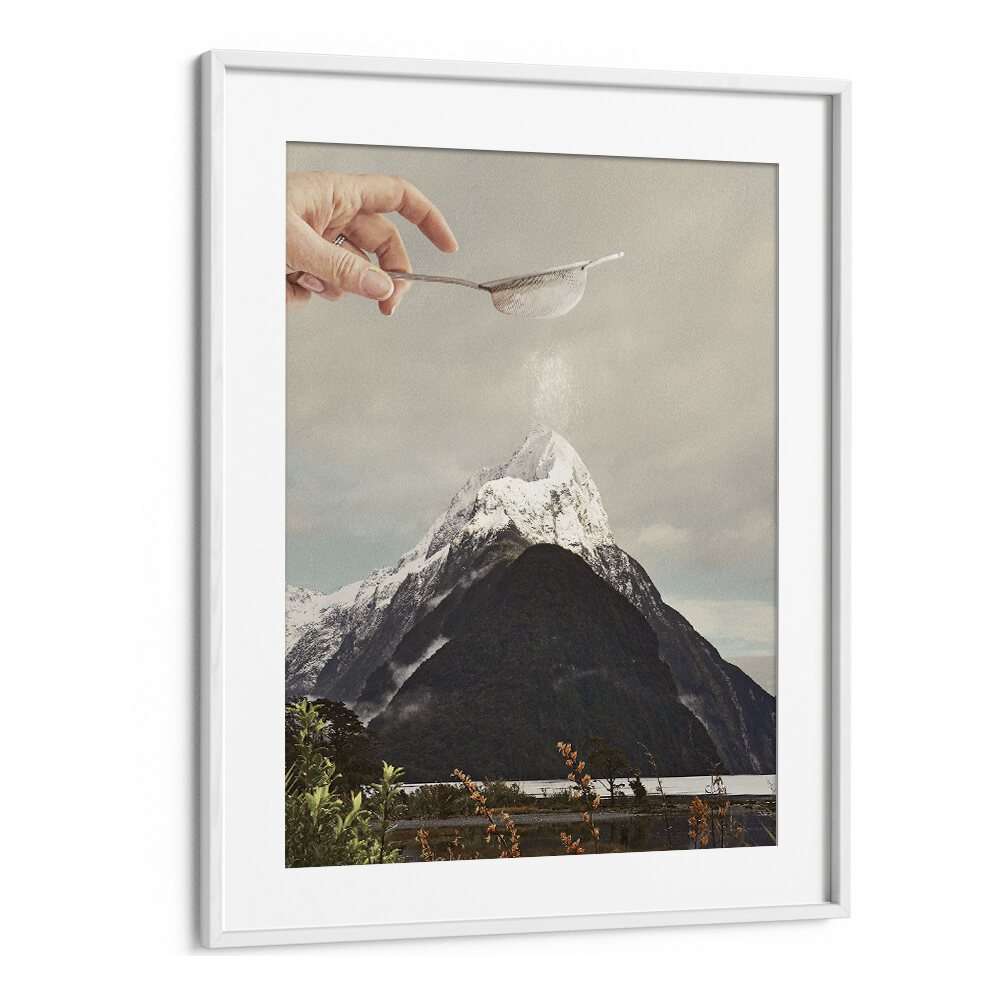 SIFTED SUMMIT M P, SURREAL ART PRINTS feature a whimsical design with a hand sprinkling atop a majestic mountain.