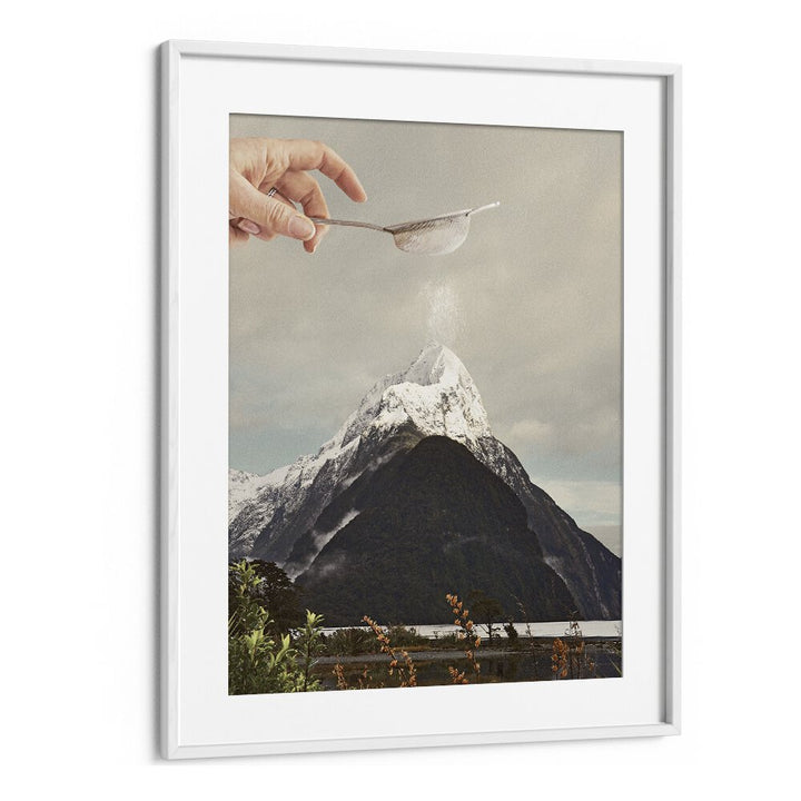 SIFTED SUMMIT M P, SURREAL ART PRINTS feature a whimsical design with a hand sprinkling atop a majestic mountain.