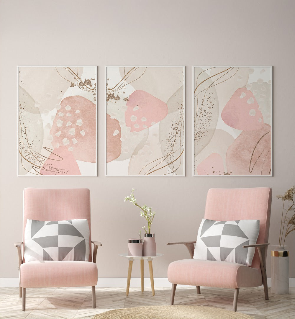SILK IN PINK SET, SET OF 3 PAINTINGS, elegantly transforms your space with luxurious, soft pink hues and abstract designs.