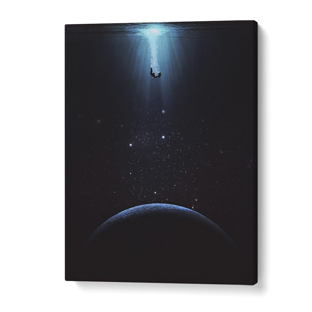 SINK HOLE, SURREAL ART PRINTS by Space Rocket Art captures serene imagery of a man submerged in cosmic beauty.