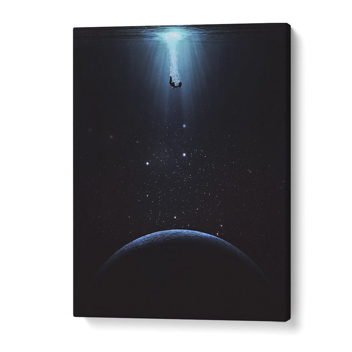 SINK HOLE, SURREAL ART PRINTS by Space Rocket Art captures serene imagery of a man submerged in cosmic beauty.