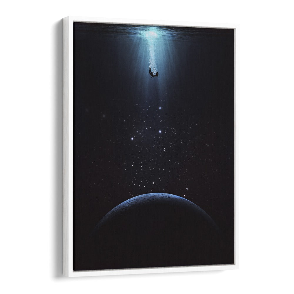SINK HOLE, SURREAL ART PRINTS by Space Rocket Art showcases a tranquil scene of a man submerged in cosmic beauty.