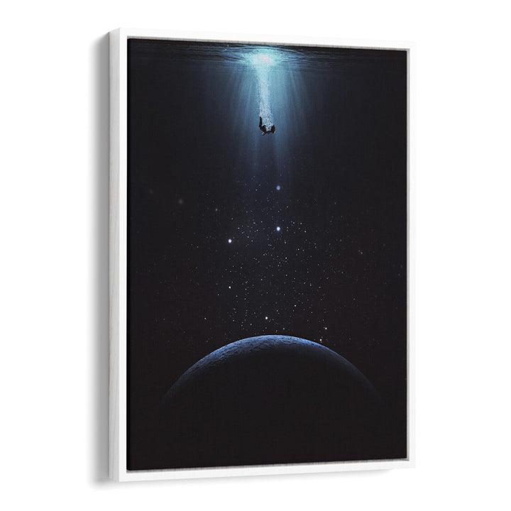 SINK HOLE, SURREAL ART PRINTS by Space Rocket Art showcases a tranquil scene of a man submerged in cosmic beauty.