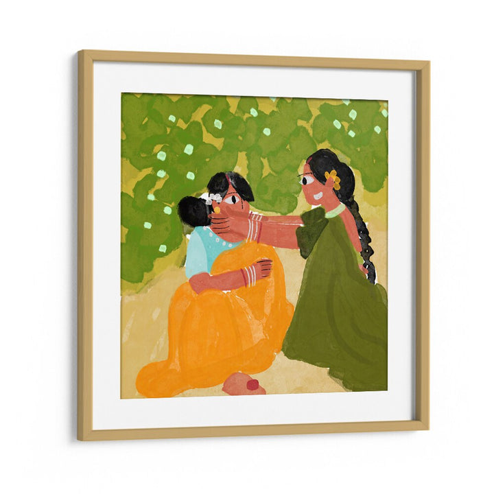 Sister's Bond By Shreya Roy Chowdary, Indian Art Paintings Artwork in Oak Wood Frame With Mount