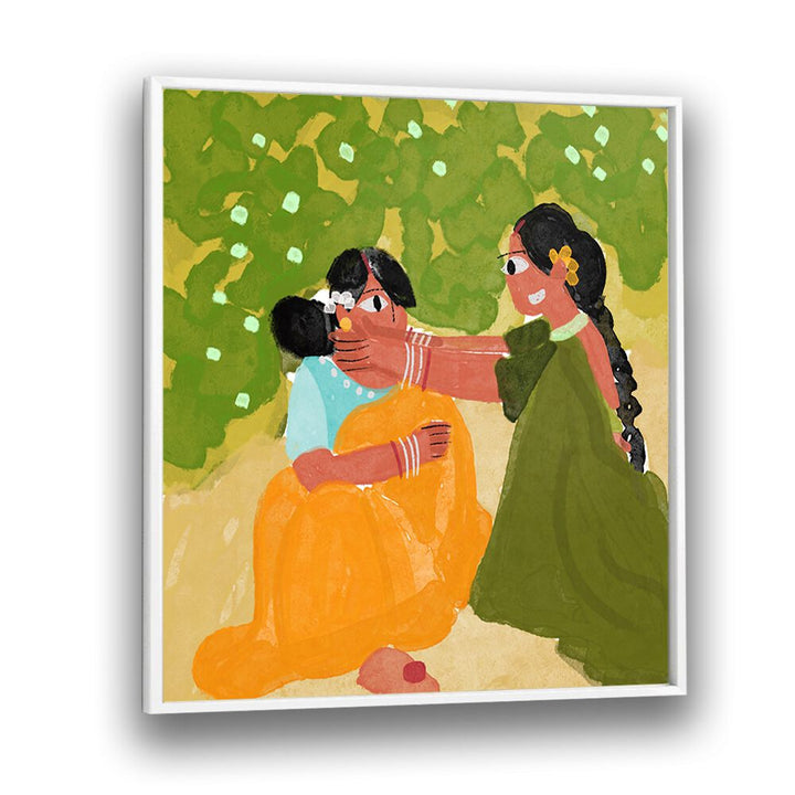 Sister's Bond By Shreya Roy Chowdary, Indian Art Paintings Artwork in White Plain Frame