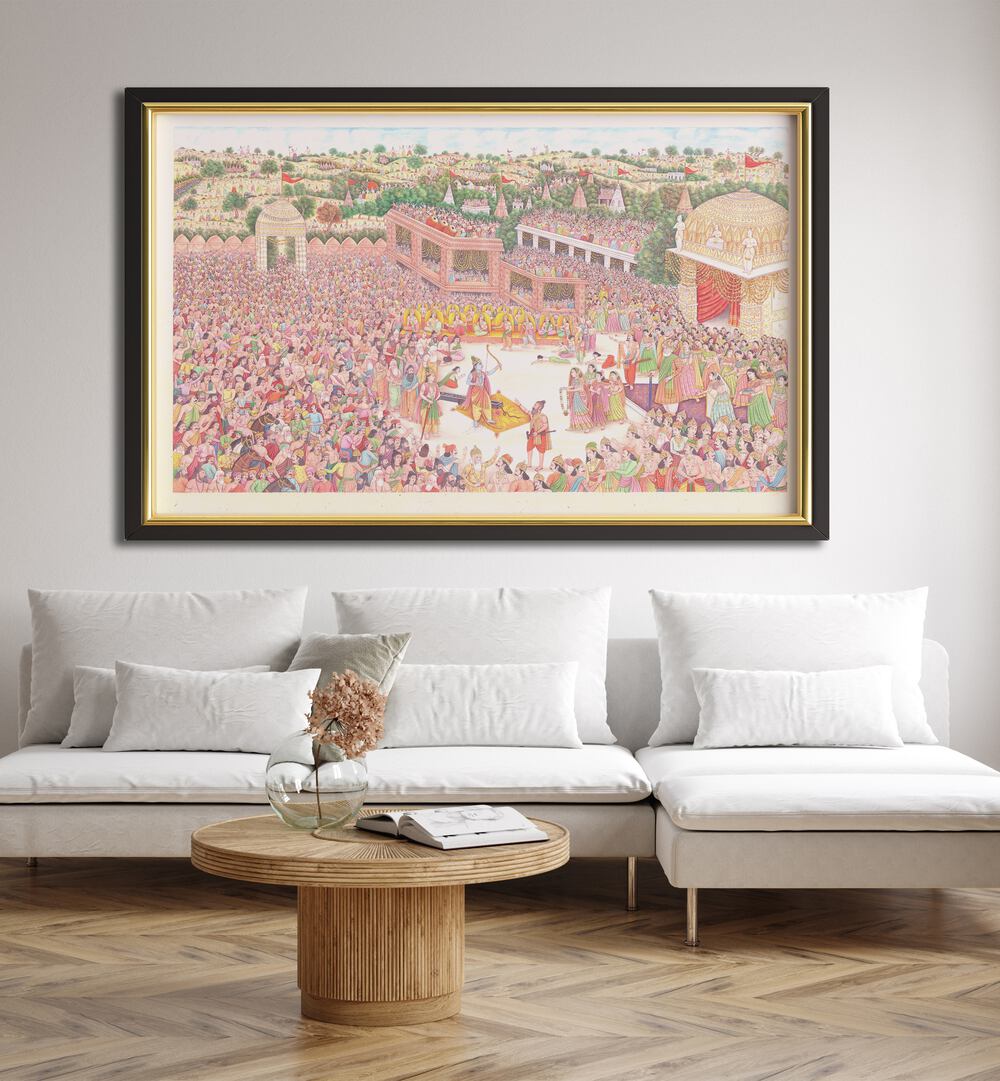 SITA JI SWAYMVAR, INDIAN ART PAINTINGS showcase the vibrant Swayamvar scene, highlighting rich cultural heritage.