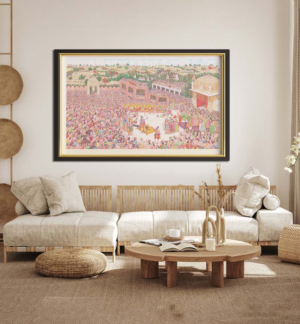 SITA JI SWAYMVAR, INDIAN ART PAINTINGS showcase the vibrant moment of Sita's Swayamvar celebration in exquisite detail.