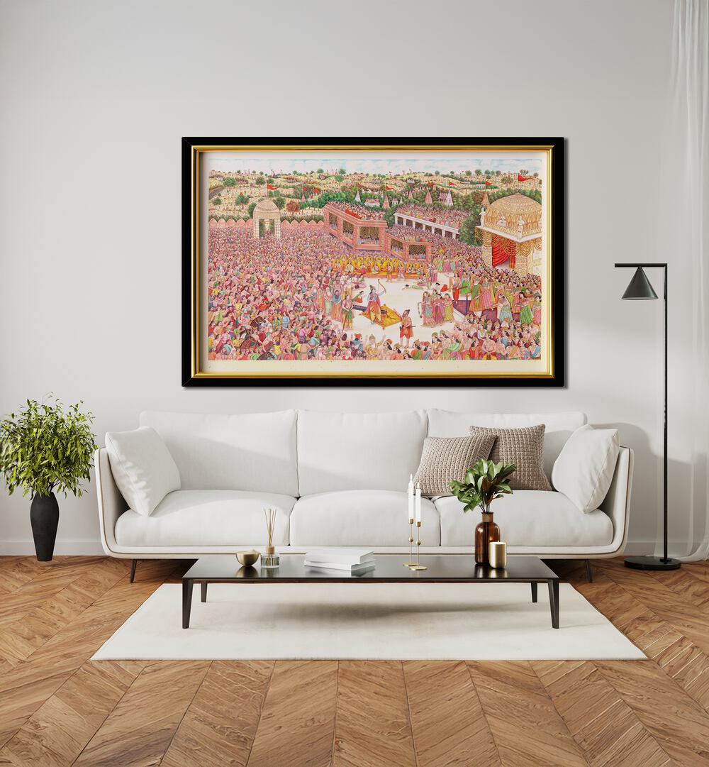 SITA JI SWAYMVAR, INDIAN ART PAINTINGS showcasing the enchanting moment of Sita's Swayamvar in vibrant colors.