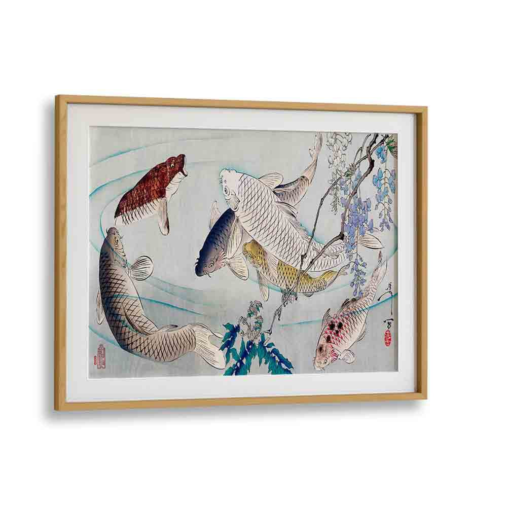 SIX CARP SWIMMING BENEATH WISTERIA (1889), JAPANESE PAINTINGS showcases vibrant fish in a serene aquatic scene.