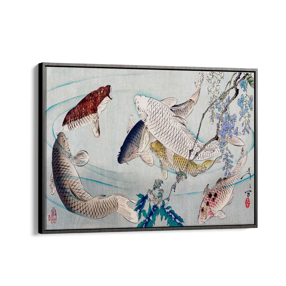 SIX CARP SWIMMING BENEATH WISTERIA (1889), JAPANESE PAINTINGS, beautifully showcases nature's tranquility and harmony.