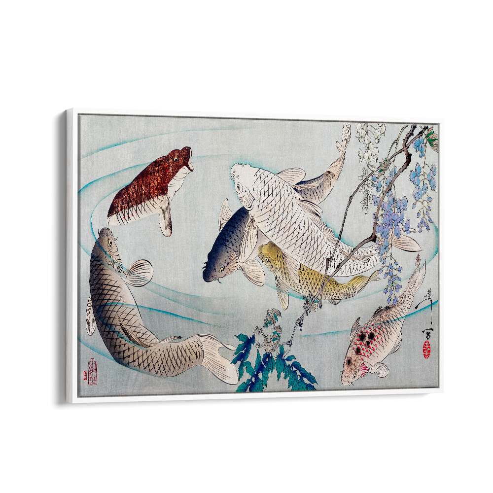 SIX CARP SWIMMING BENEATH WISTERIA (1889), JAPANESE PAINTINGS showcases vibrant fish beneath beautiful wisteria blooms.