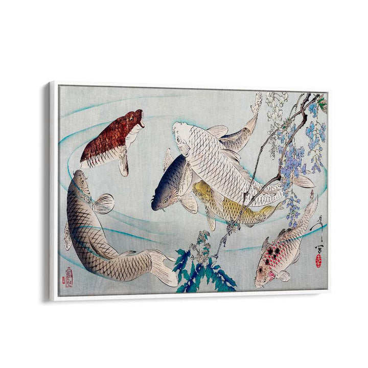 SIX CARP SWIMMING BENEATH WISTERIA (1889), JAPANESE PAINTINGS showcases vibrant fish beneath beautiful wisteria blooms.