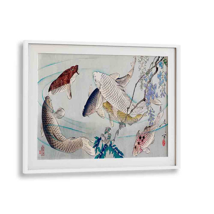SIX CARP SWIMMING BENEATH WISTERIA (1889), JAPANESE PAINTINGS in a white frame, showcasing tranquil aquatic beauty.