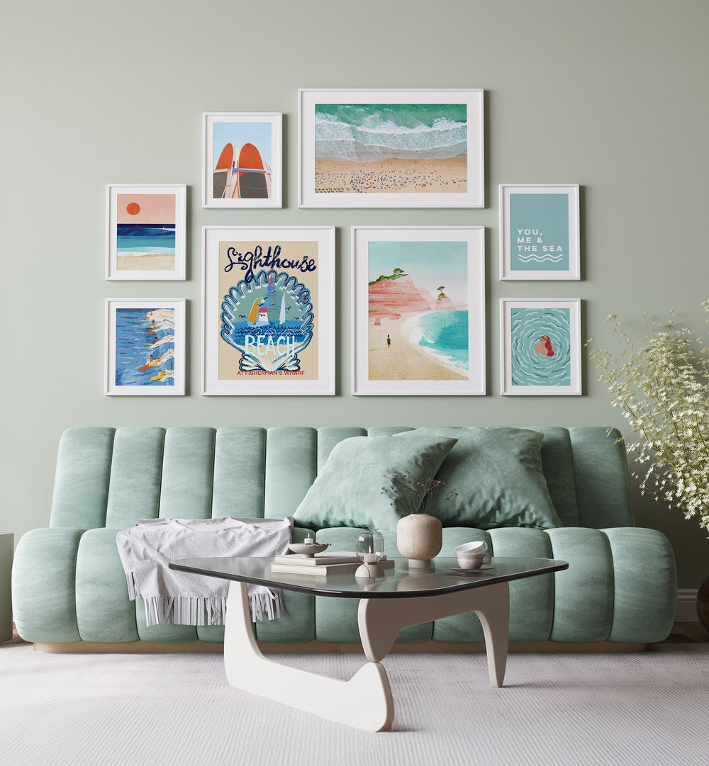 Stylish SMELL OF A SEA GALLERY WALL, GALLERY WALLS featuring coastal art prints for a serene living room ambiance.