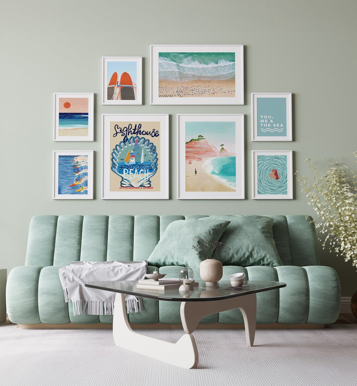 Stylish SMELL OF A SEA GALLERY WALL, GALLERY WALLS featuring coastal art prints for a serene living room ambiance.