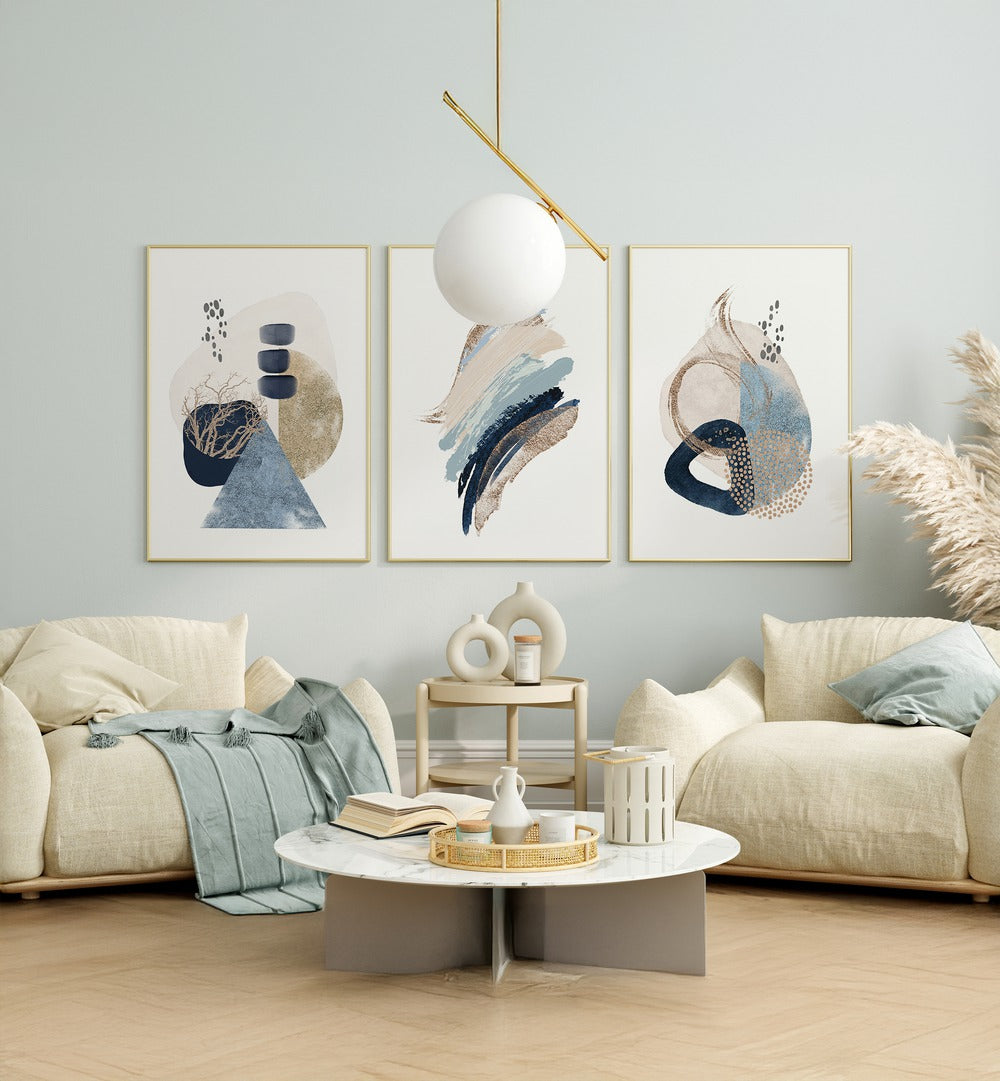 Enhance your decor with the SMOOTHNESS IN SHAPES SET, SET OF 3 PAINTINGS, featuring modern artistry and tranquil designs.