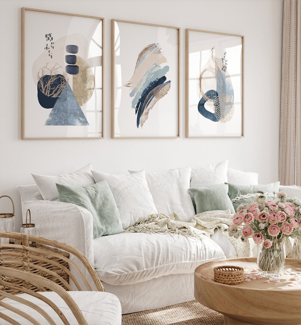 Enhance your decor with the SMOOTHNESS IN SHAPES SET, SET OF 3 PAINTINGS, showcasing modern art for any room.