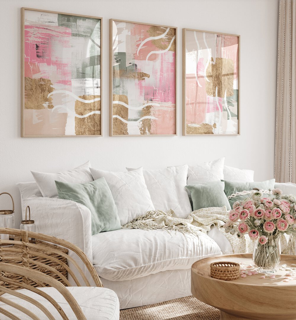 Brighten your space with the SMOOTH SUMMER SET, SET OF 3 PAINTINGS featuring vibrant colors and fluid designs.