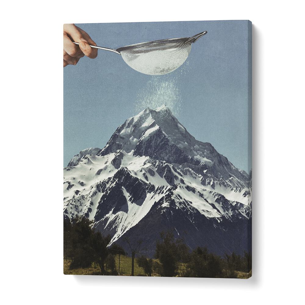 Transform your space with SNOW SUGAR, SURREAL ART PRINTS featuring a mountain peak dusted in magical snow.