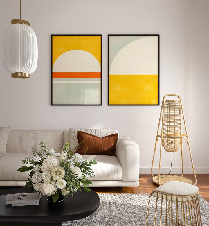 Elevate your space with the SOLSTICE HORIZON SET, SET OF 2 PAINTINGS, featuring serene modern art designs.