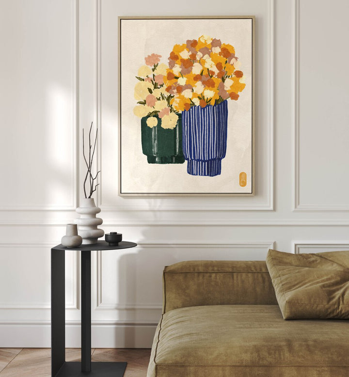 Bright floral arrangements in vibrant vases showcase SOME VELVET MORNING I, FLORAL FLOWER PAINTINGS by Dianne Nicole Fernando.