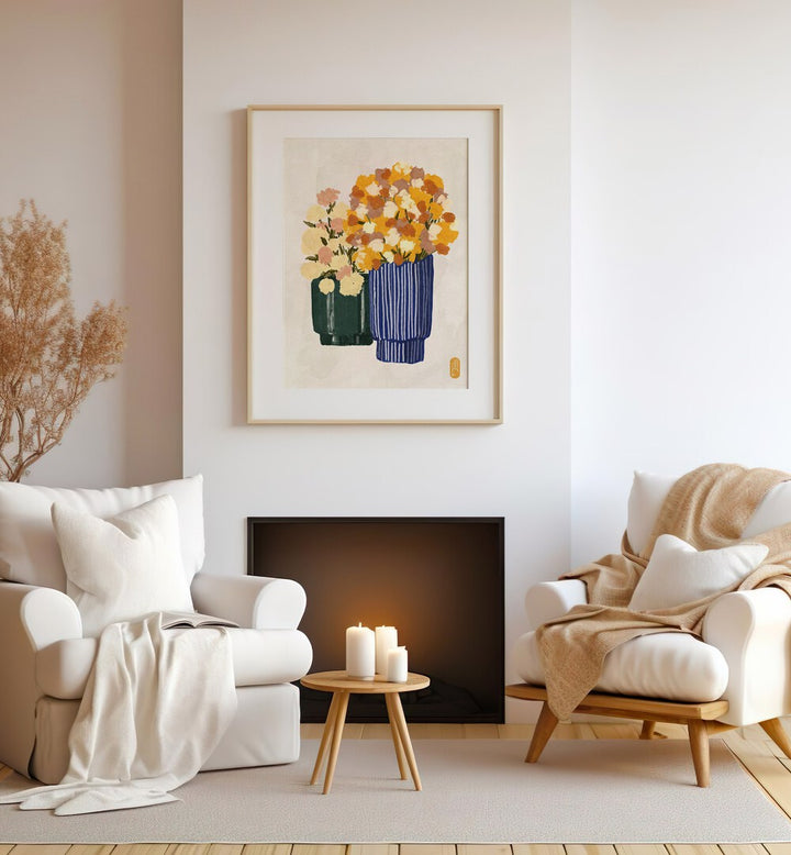 Bright floral arrangements in vases showcase "Some Velvet Morning I, Floral Flower Paintings" by Dianne Nicole Fernando.