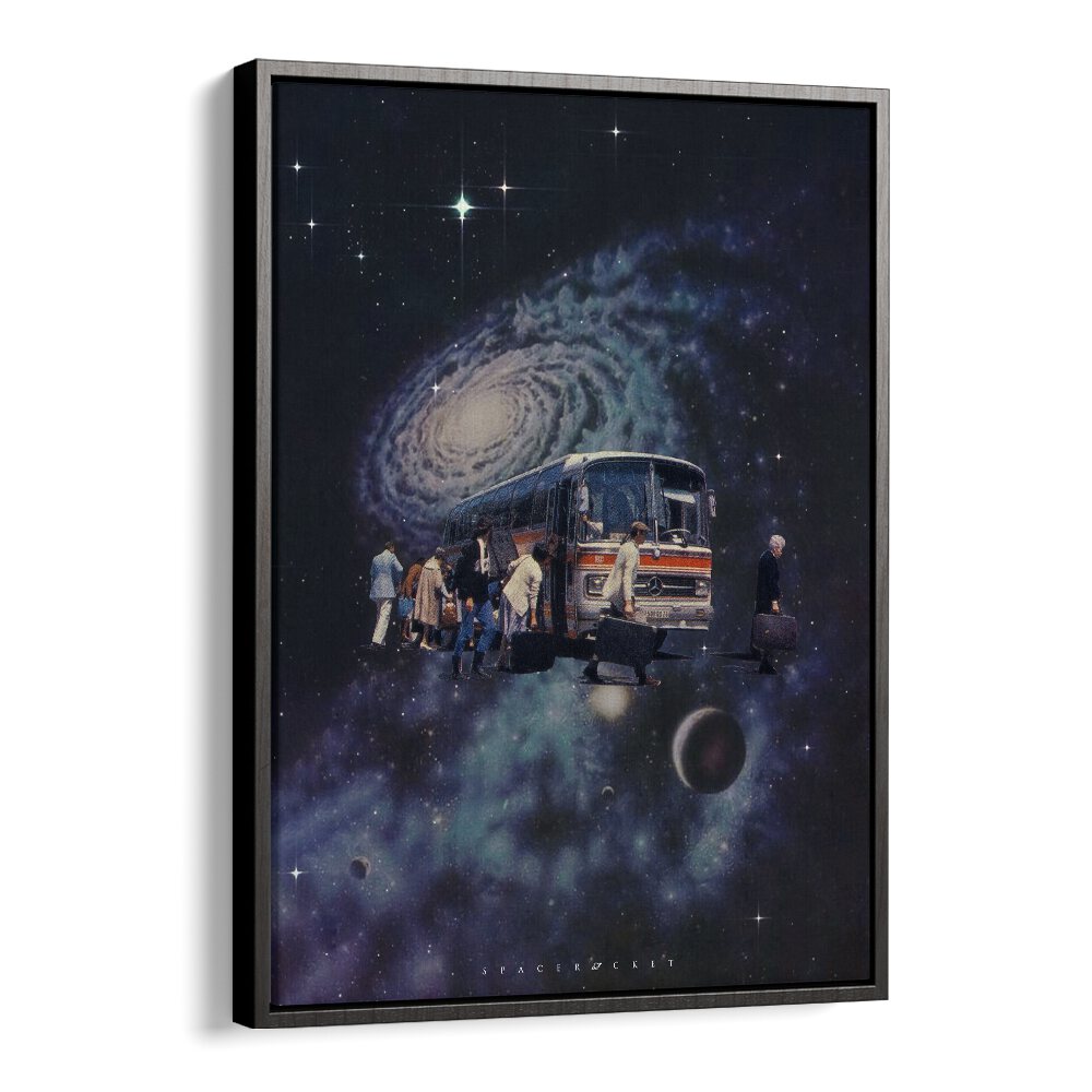 Surreal painting featuring a SPACE BUS amidst a cosmic backdrop, perfect for enhancing your space with SPACE ROCKET ART.