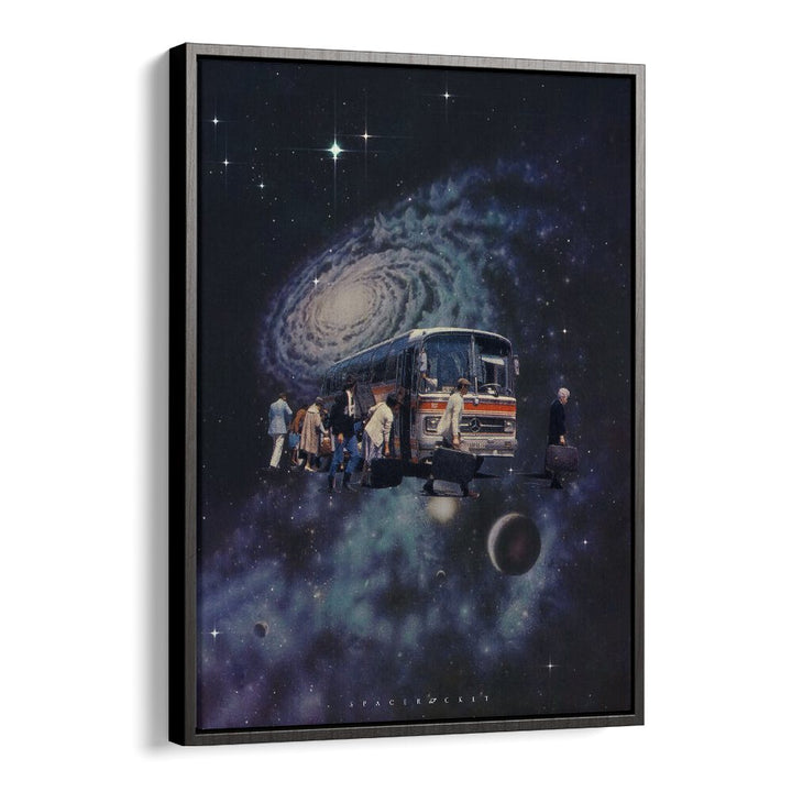 Surreal painting featuring a SPACE BUS amidst a cosmic backdrop, perfect for enhancing your space with SPACE ROCKET ART.