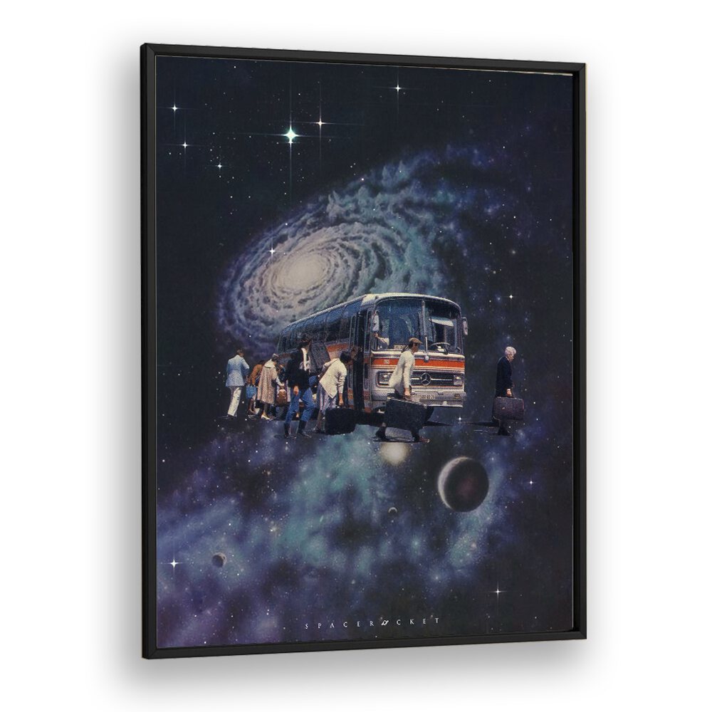 SPACE BUS surreal painting featuring travelers in a cosmic scene, perfect for modern decor by Space Rocket Art.