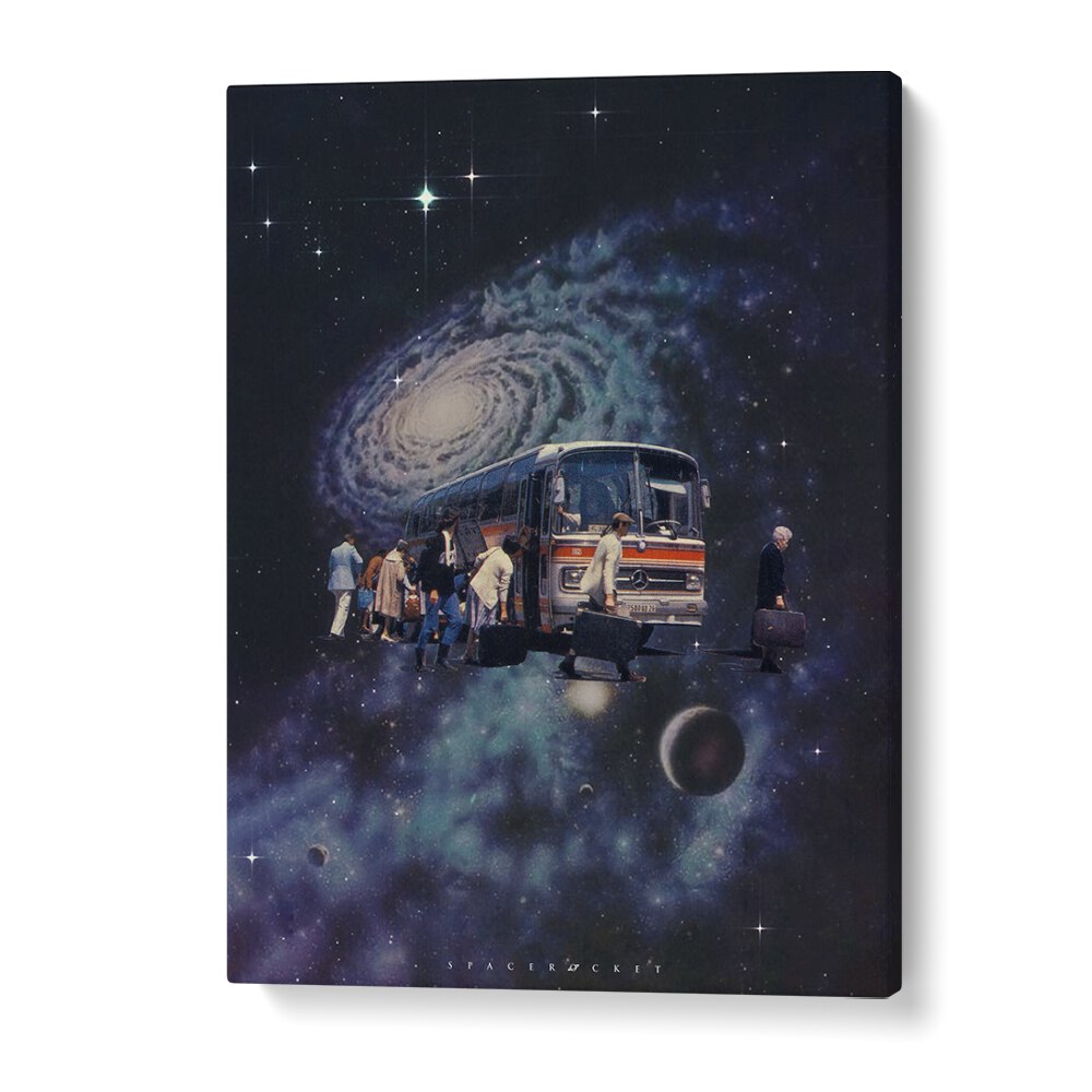 Surreal art piece featuring the SPACE BUS, blending imagination with cosmic elements from SPACE ROCKET ART. Perfect for decor!
