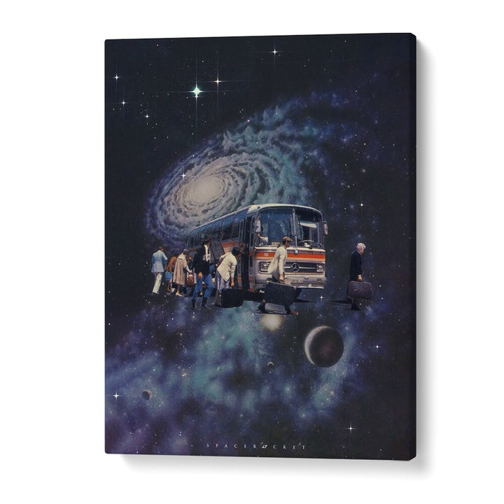 Surreal art piece featuring the SPACE BUS, blending imagination with cosmic elements from SPACE ROCKET ART. Perfect for decor!