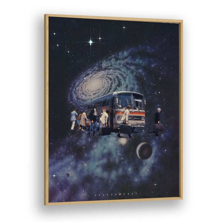 Surreal art print of SPACE BUS by Space Rocket Art, transporting viewers into a cosmic dreamscape with vibrant colors.