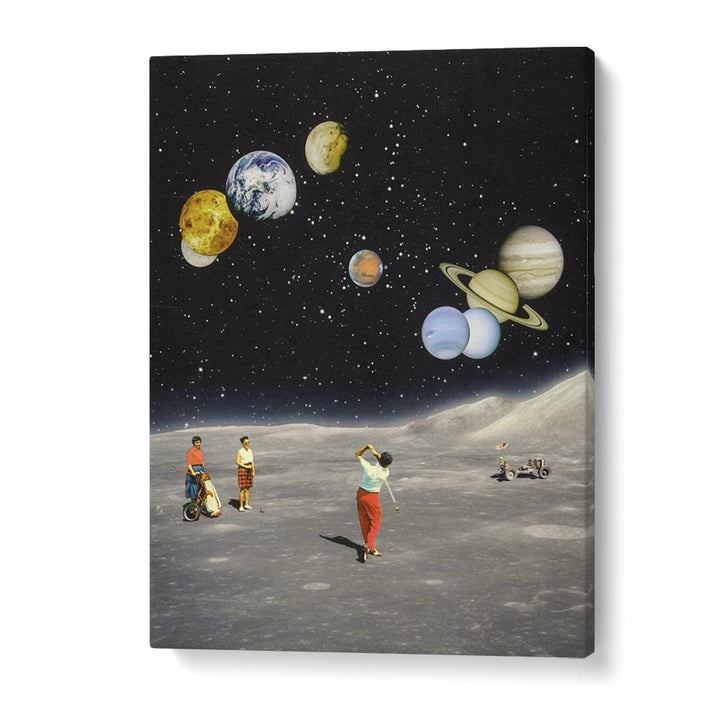 Space Golf, Fantasy artwork by Taudalpoi showcases golfers on the moon with planets in a stunning cosmic backdrop.