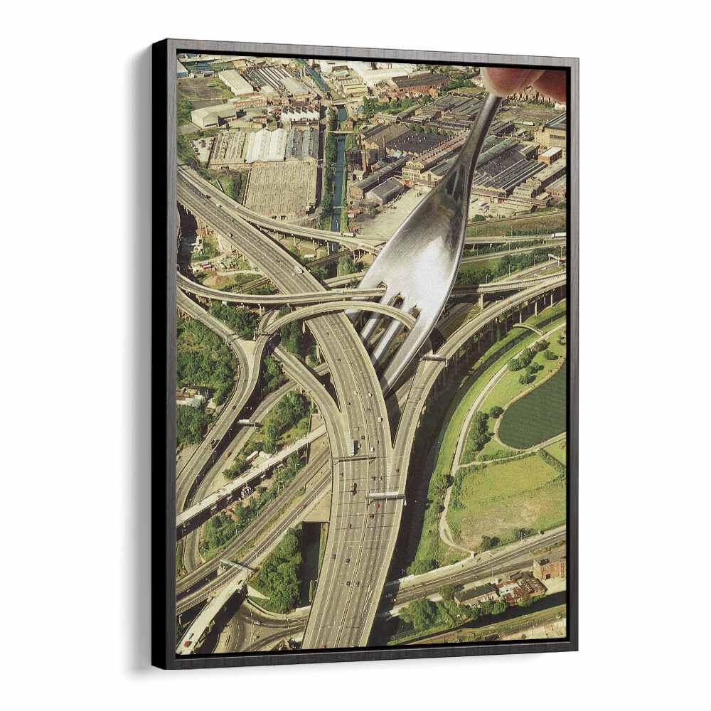 Surreal art print "SPAGHETTI JUNCTION" by Vertigo Artography features a unique fork and highway design.