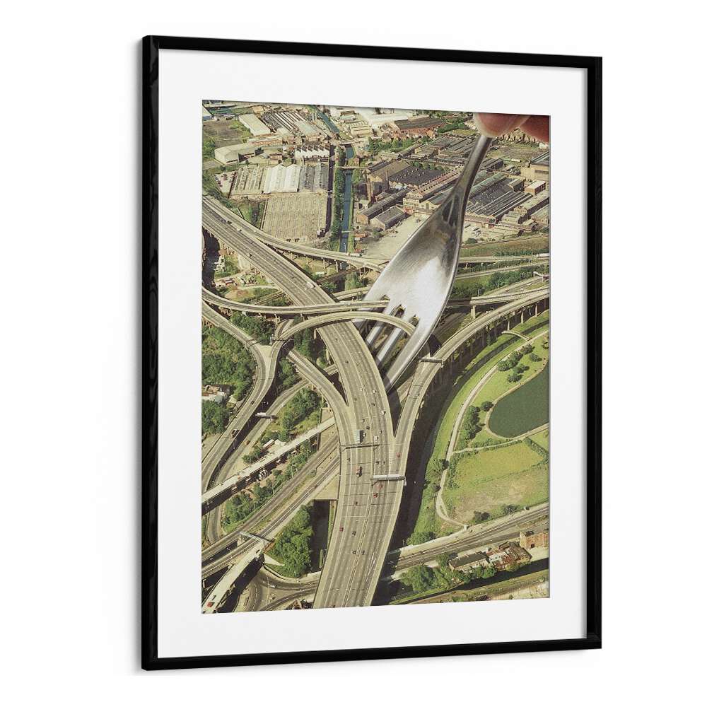 Spaghetti Junction, Surreal Art Prints by Vertigo Artography, features a fork in a striking urban landscape.