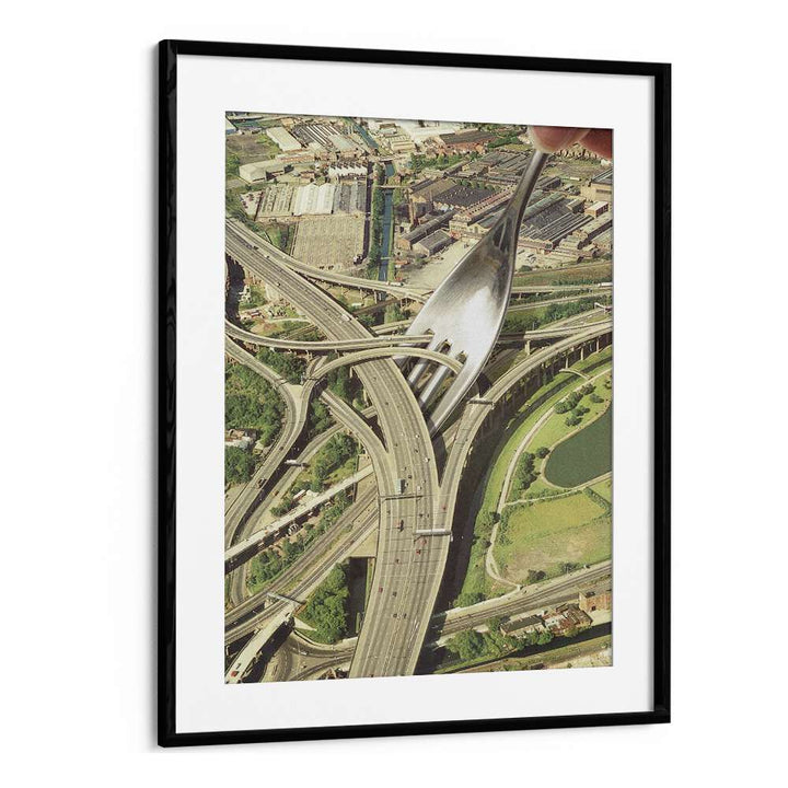 Spaghetti Junction, Surreal Art Prints by Vertigo Artography, features a fork in a striking urban landscape.