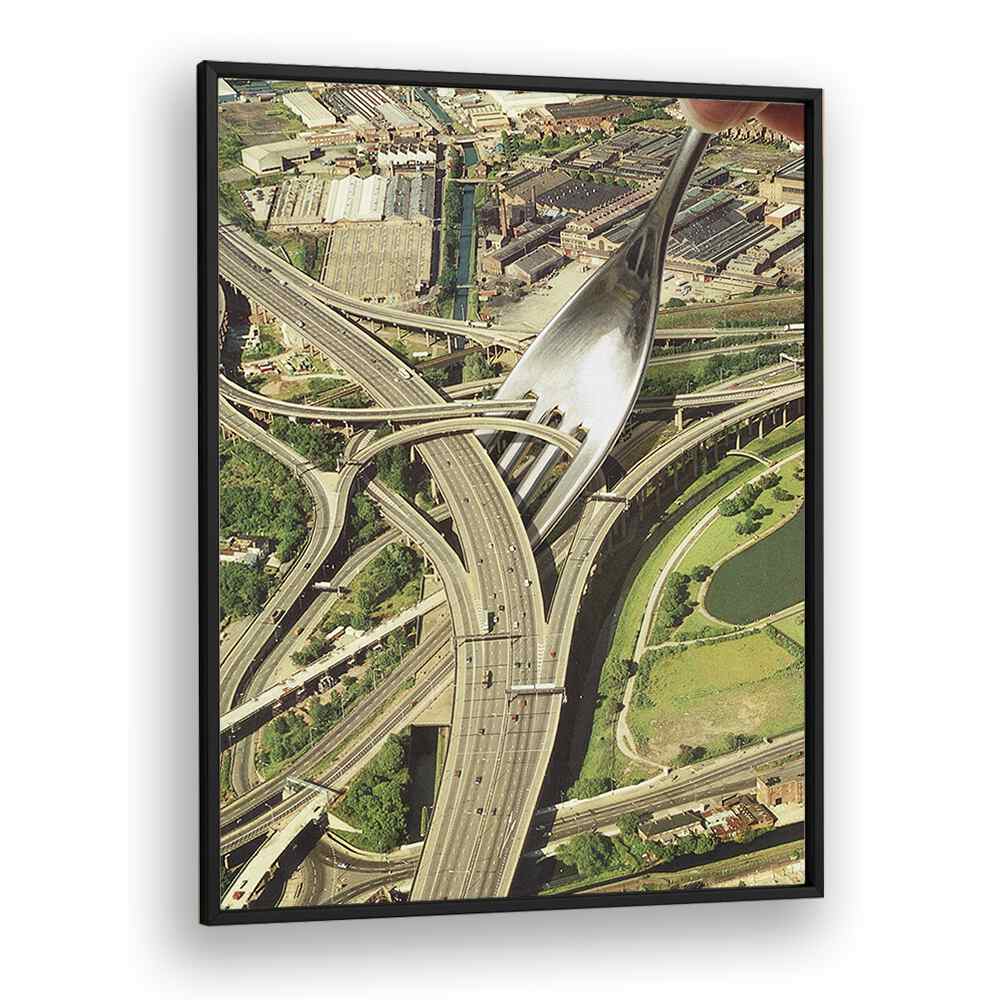 Surreal art print "SPAGHETTI JUNCTION" by Vertigo Artography features a whimsical fork over highways.