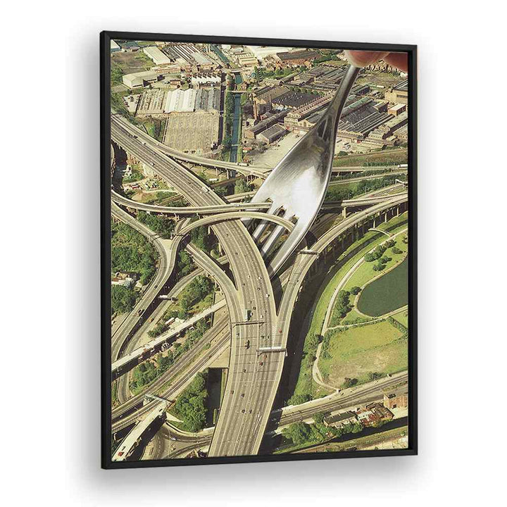 Surreal art print "SPAGHETTI JUNCTION" by Vertigo Artography features a whimsical fork over highways.