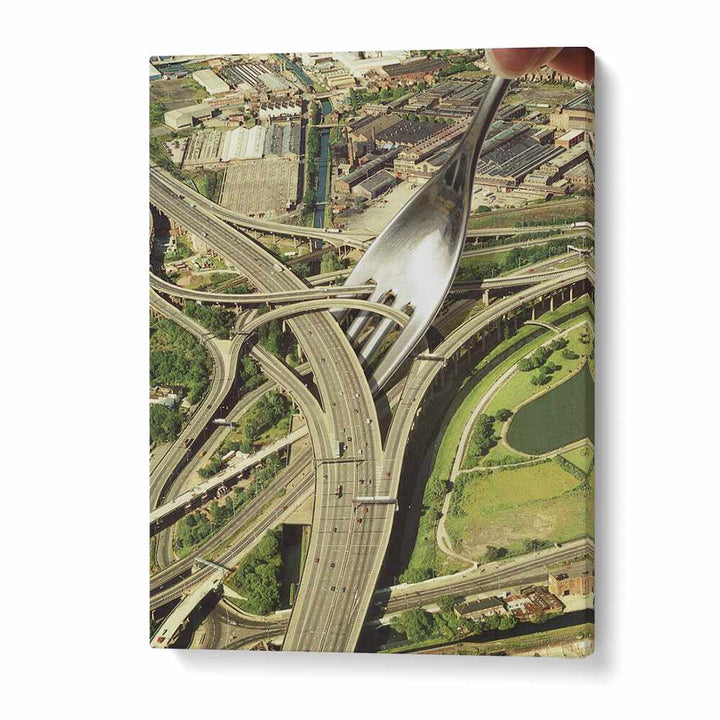 Surreal art print "SPAGHETTI JUNCTION" by Vertigo Artography features a whimsical fork among urban highways.