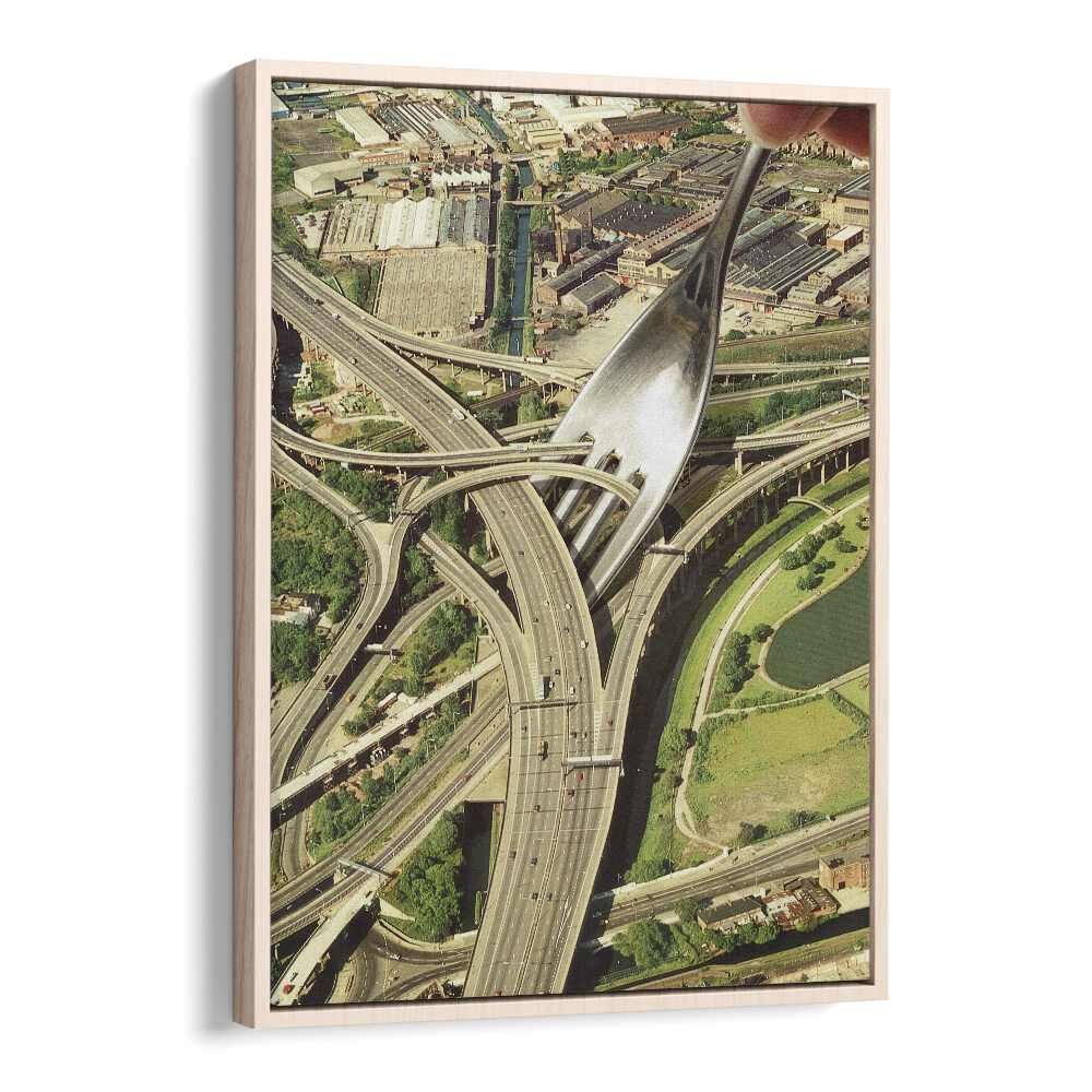 Surreal art print "SPAGHETTI JUNCTION" by Vertigo Artography, blending highways and utensils in captivating design.