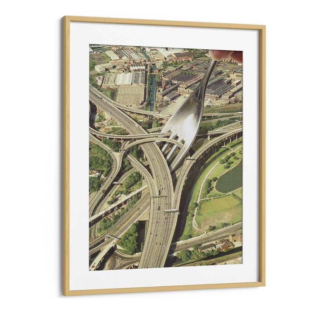 Captivating SPAGHETTI JUNCTION, SURREAL ART PRINTS featuring a fork above a highway, framed elegantly for your decor.