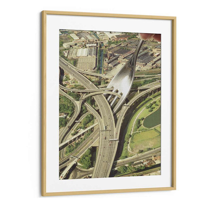 Captivating SPAGHETTI JUNCTION, SURREAL ART PRINTS featuring a fork above a highway, framed elegantly for your decor.
