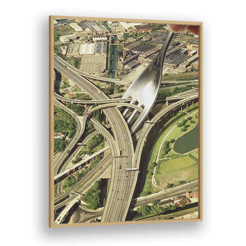 Surreal art print "SPAGHETTI JUNCTION" by Vertigo Artography features a fork above intricate highways.