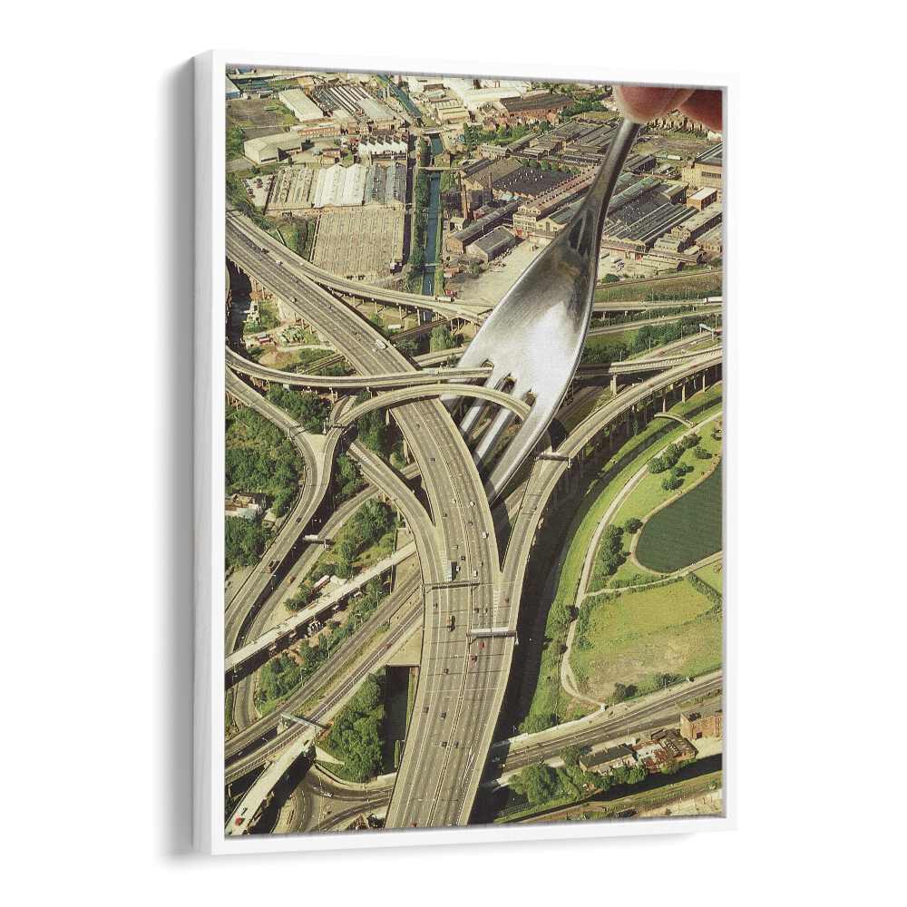 Surreal art print of Spaghetti Junction, featuring unique fork and highway imagery by Vertigo Artography.