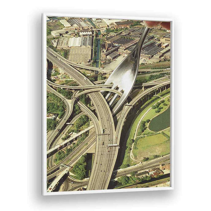 Surreal art print "SPAGHETTI JUNCTION" by Vertigo Artography features a fork and highways in a captivating design.