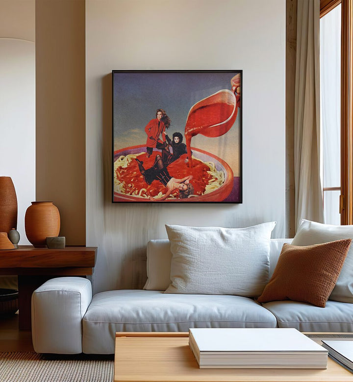 Surreal art print, "SPAGHETTI TOMATO SAUCE," adds a whimsical touch to your home decor by Vertigo Artography.