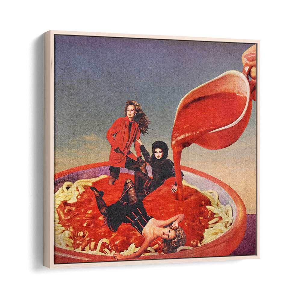 Surreal art print featuring spaghetti tomato sauce, adding a bold statement to your space by Vertigo Artography.