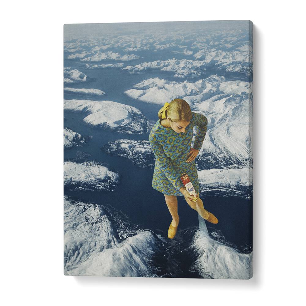 Surreal art prints featuring a woman spraying snow on mountains, perfect for transforming your space with elegance.